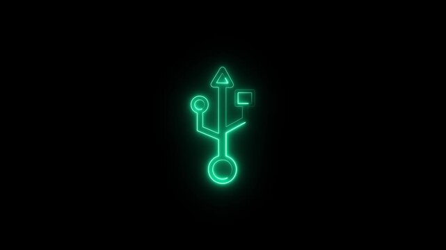Abstract neon USB port icon set. computer USB socket data cable symbol. connect external device USB sign. isolated on black background. motion graphic video.