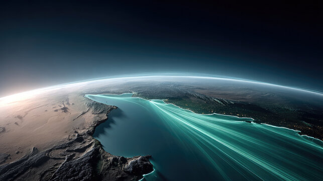 Aerial stylized globe with glowing lines, digital earth, futuristic technology, global network, sunrise horizon, vibrant atmosphere