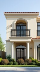 Fototapeta premium Elegant two-story villa with classical architecture and inviting balconies for outdoor relaxation