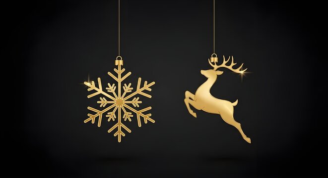 Golden snowflake and reindeer christmas ornaments hanging on black background