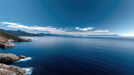 Panoramic view of calm blue sea with rocky coastline, distant mountains, clear sky, and tranquil atmosphere
