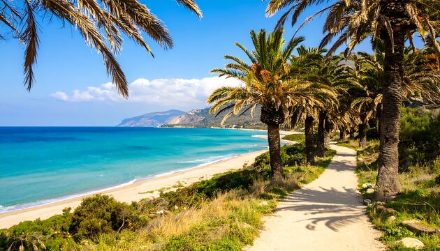Tropical beach path with palm trees