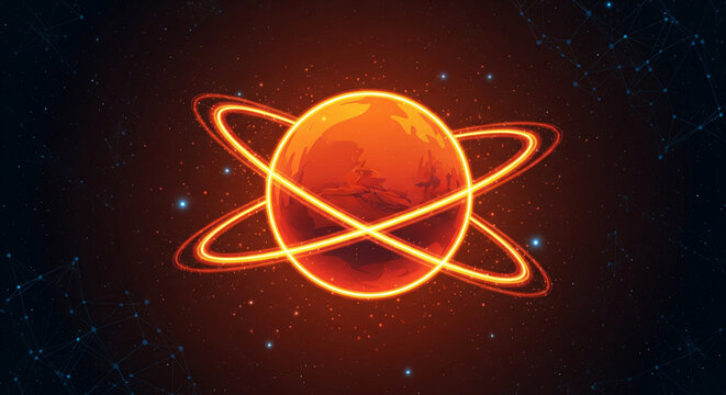 Burning Mars Planet Digital Tech &mdash; Futuristic Glowing Planet with Smooth Clean Gradients and Fiery Energy Rings, Abstract Space Background Made of Particles, Glowing Dots, and Digital Mesh Network