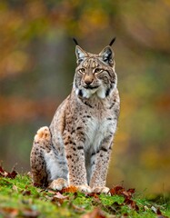 Fototapeta premium Majestic wildcat sits regally on a grassy knoll, autumn foliage