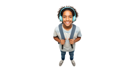 Cheerful young student with a backpack, wearing headphones and looking at the camera, ready for a new school day.