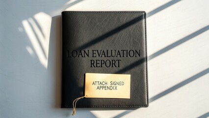 Loan Evaluation Report Document with Tag for Signed Appendix on a White Surface Surrounded by Shadows