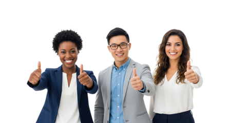 Enthusiastic diverse team giving thumbs up, symbolizing success, teamwork, and positive achievements, and celebrating goals.