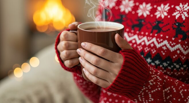 Person in sweater holding a mug of hot chocolate in front of a blurred background