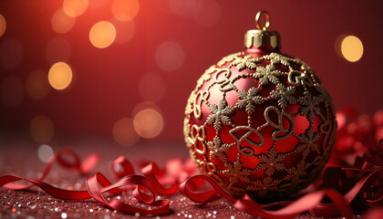 Red Christmas ornament with gold beading on satin surface, glowing festive elegance