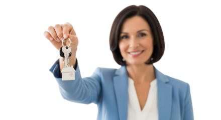 Woman happily holds the keys to a new home, offering a sense of accomplishment, stability, and the excitement of homeownership.