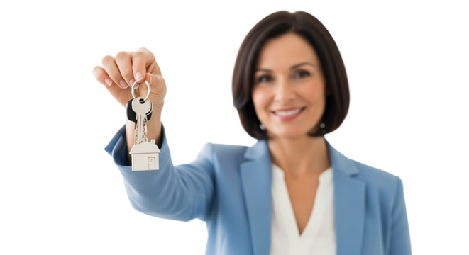 Woman happily holds the keys to a new home, offering a sense of accomplishment, stability, and the excitement of homeownership.