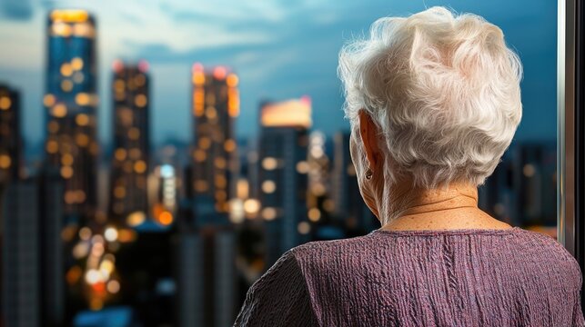 An elderly woman gazing thoughtfully at a vibrant city skyline illuminated during twilight hours.