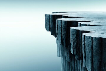 A striking cliff edge overlooking a calm, reflective surface of water beneath a serene sky.