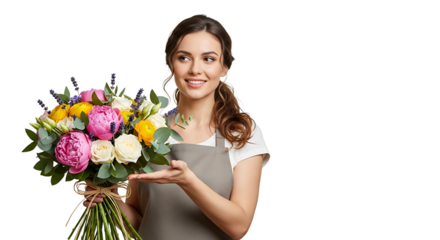 An attractive brunette with a joyful smile is holding a beautiful bouquet of roses, peonies and lavender in her hand.