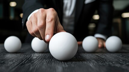 A focused businessman selecting a white ball from a series of identical spheres on a table.