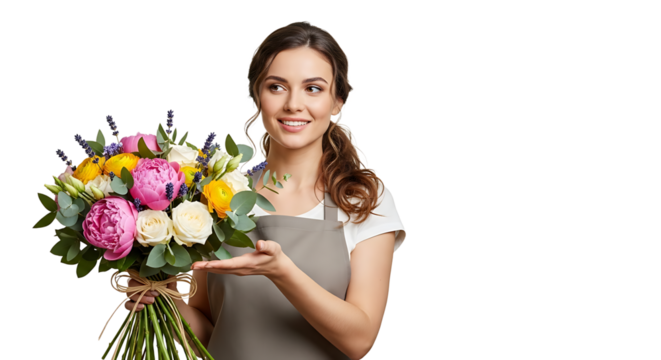 An attractive brunette with a joyful smile is holding a beautiful bouquet of roses, peonies and lavender in her hand.