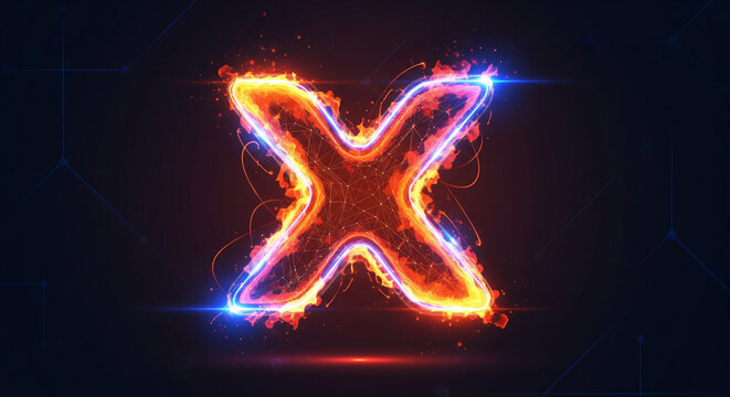 Burning X Icon Digital Tech — Futuristic Glowing X Logo Made of Digital Particles, Holographic Mesh Lines, and Smooth Gradients