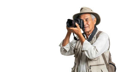 Experienced photographer in a hat and vest, capturing the perfect shot with his camera in outdoor setting. 