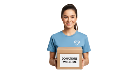 Volunteer with a donation box, supporting charity and fundraising efforts with a cheerful and helpful attitude.