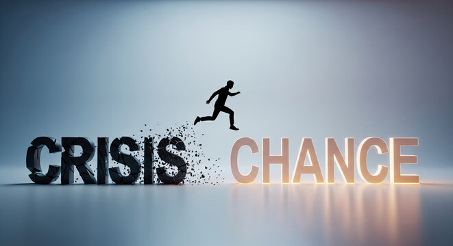 Man leaping from word 'Crisis' to 'Chance' symbolizing transformation and opportunity
