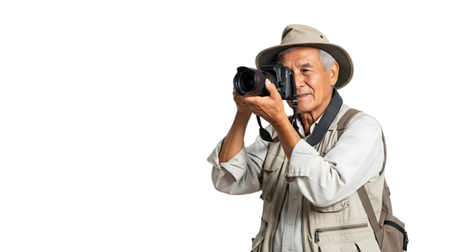 Experienced photographer in a hat and vest, capturing the perfect shot with his camera in outdoor setting. 
