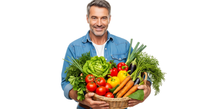A smiling man in a blue shirt holds a basket overflowing with vibrant, freshly picked vegetables. He looks happy and healthy.