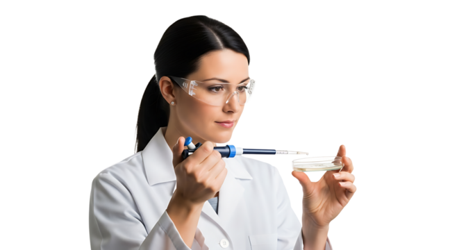 Focused scientist wearing safety glasses uses a pipette on a petri dish while doing research in a laboratory setting.