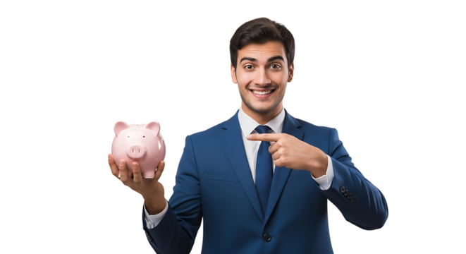 A man points to a piggy bank, emphasizing savings and financial planning, showcasing security for future goals.