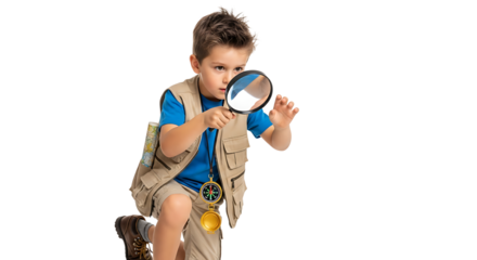 Young explorer with a magnifying glass, dressed in a khaki vest, ready for outdoor discovery and adventure.