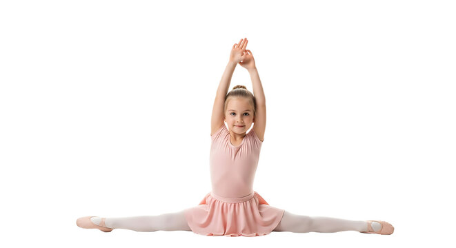 A poised young ballerina in pink shows off her flexibility in a perfect split with her hands raised high in the air. - Powered by Adobe
