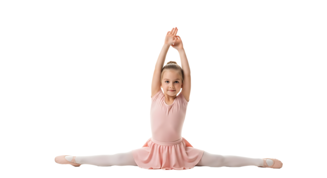 A poised young ballerina in pink shows off her flexibility in a perfect split with her hands raised high in the air.
