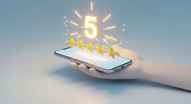 Hand Holding Smartphone with Five Stars Rating and Bright Number Five in 2k HD Quality
