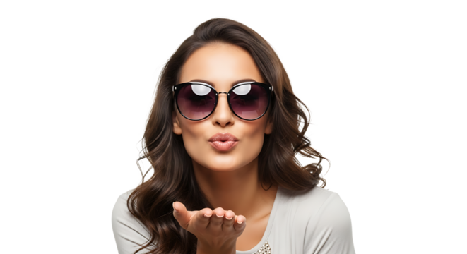 A woman with brunette hair and sunglasses blows a kiss to the viewer against a dark background. Positive and fun!