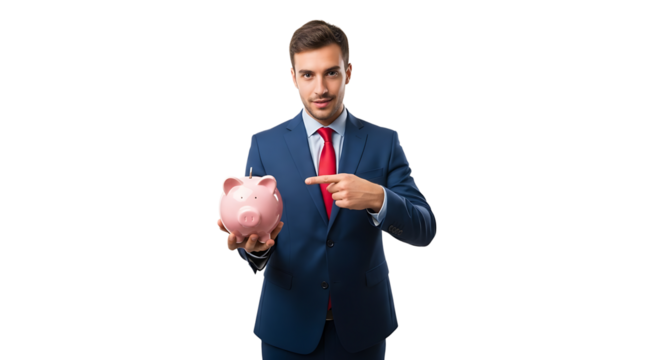 Financial advisor showcasing a piggy bank. Planning for future finances with a saving strategy is important.