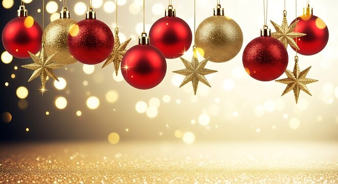 Festive red and gold christmas ornaments with sparkling stars suspended against a bokeh background, ideal for holiday season celebrations