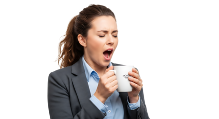 An exhausted woman in business attire yawns while holding a mug, capturing the feeling of Monday blues and morning fatigue.