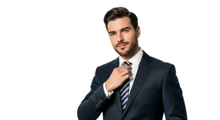 Sharp dressed professional, adjusting tie against black backdrop, exuding confidence and corporate success. Handsome man.