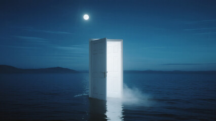 moonlit white door standing on quiet ocean, door slightly open