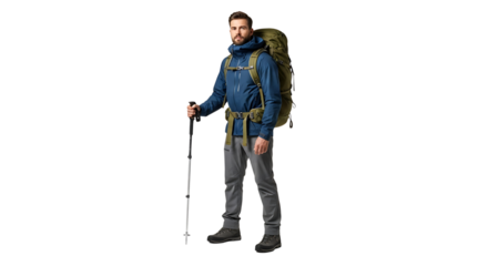 A hiker clad in blue jacket, gray pants, olive backpack, and gray boots, holding hiking poles poses for the camera.