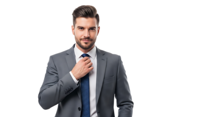 Handsome businessman in a gray suit and blue tie, getting ready for work and looking confidently at the camera.