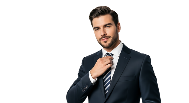 Sharp dressed professional, adjusting tie against black backdrop, exuding confidence and corporate success. Handsome man. - Powered by Adobe