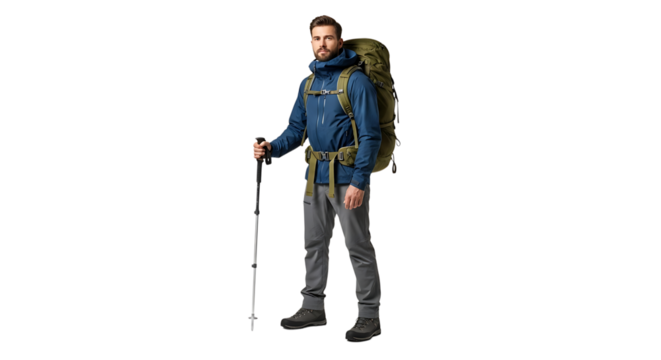 A hiker clad in blue jacket, gray pants, olive backpack, and gray boots, holding hiking poles poses for the camera. - Powered by Adobe