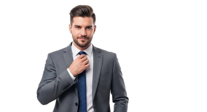 Handsome businessman in a gray suit and blue tie, getting ready for work and looking confidently at the camera.