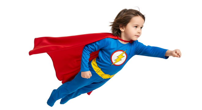 A young child strikes a heroic pose, embodying a superhero with vibrant costume and a flowing red cape. Flying high!