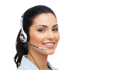 Friendly customer service agent with a headset, smiling, ready to help customers with a positive attitude.