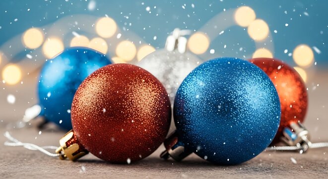 Glittering red, blue, and silver christmas baubles with falling snow and a background of soft bokeh lights. holiday season celebration.