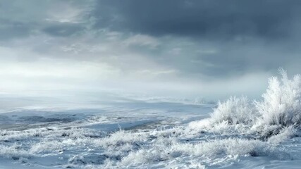 A vast snow-covered landscape under a heavy overcast sky Frost-encrusted plants and shrubs line a frozen expanse with mist obscuring the horizon - Powered by Adobe