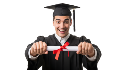 A happy graduate dressed in a gown and cap joyfully presents his diploma tied with a red ribbon on a dark background.