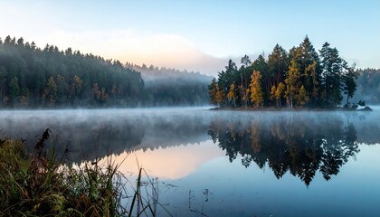 Tranquil Lake Landscape with Misty Reflection and Forest in the Morning Light Panoramic View of Serene Water Foggy Air and Lush Green Trees