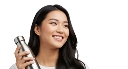 Radiant young woman smiling, holding a sleek metallic water bottle, embracing a healthy and eco-conscious lifestyle.
